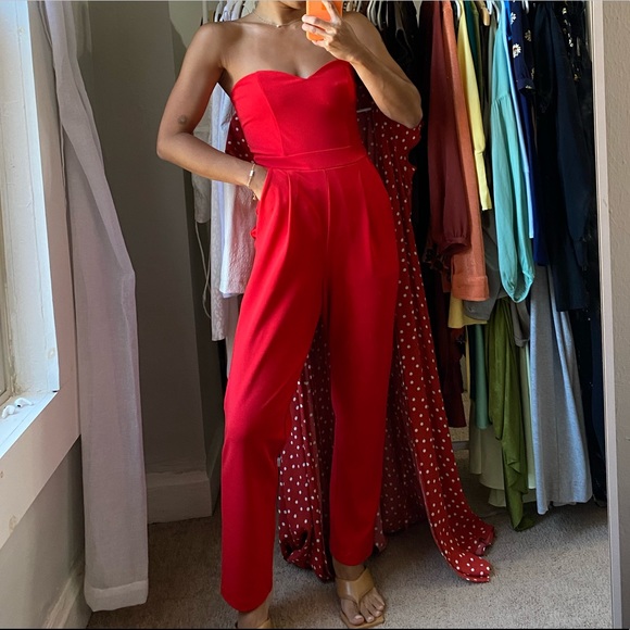 Express strapless red jumpsuit - Picture 1 of 4